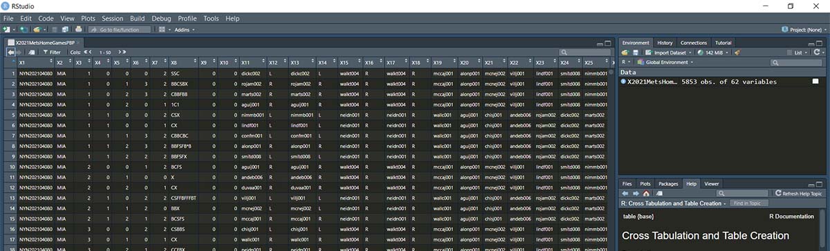 2021 Mets play-by-play data opened as a data-frame in RStudio